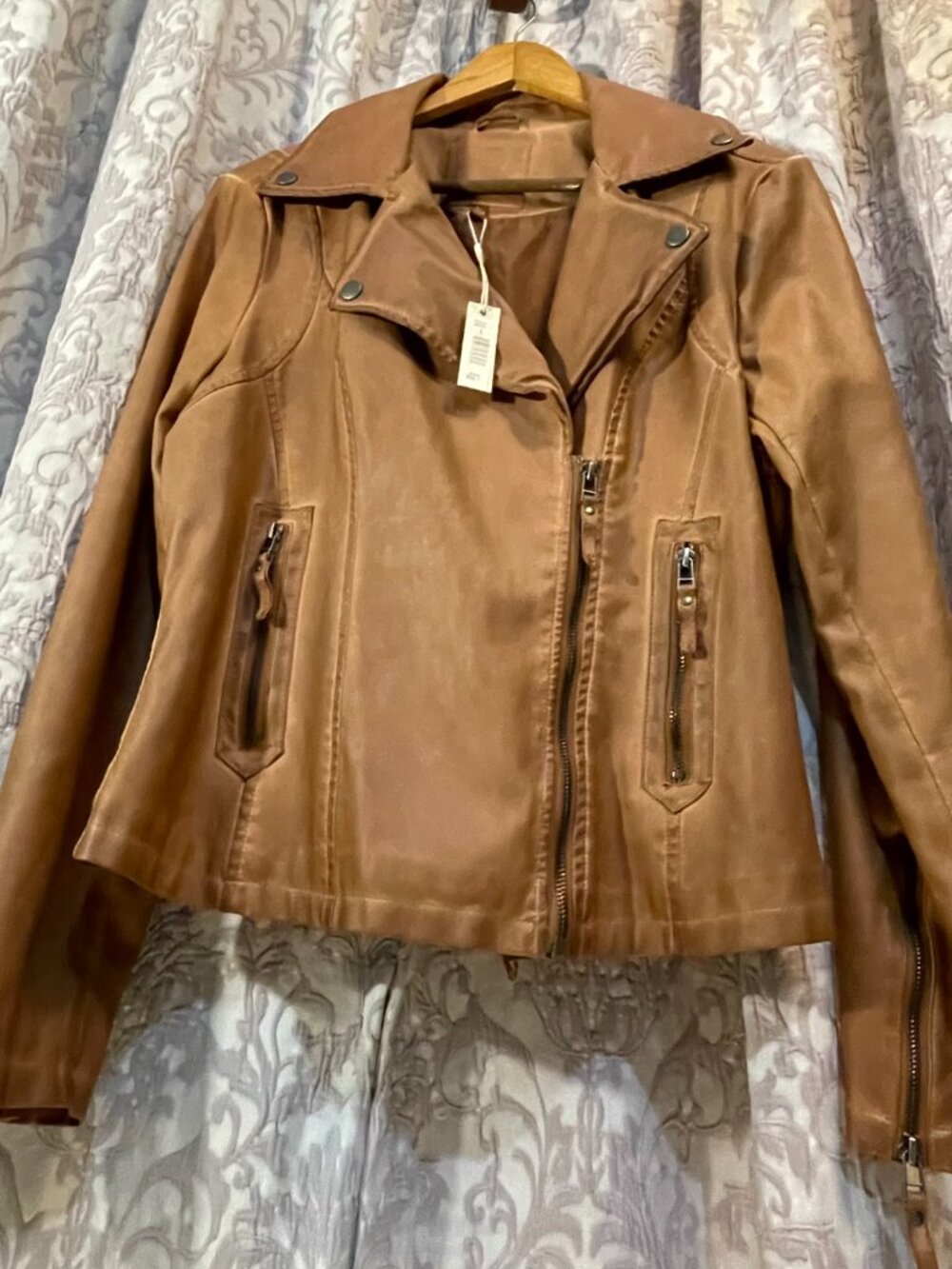 NWT Max Studio Large Women's Cognac Everyday Casual Faux Leather Moto Jacket - Picture 12 of 16